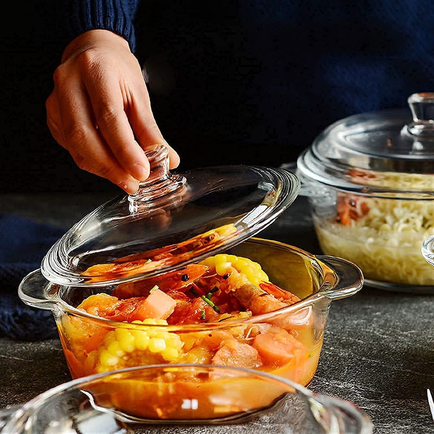 Dyomnizy Microwave Oven Safe Serving Bowl With Lid, Tempered Glass, For Rice And Boiling Food, 1000 Ml, Set Of 3